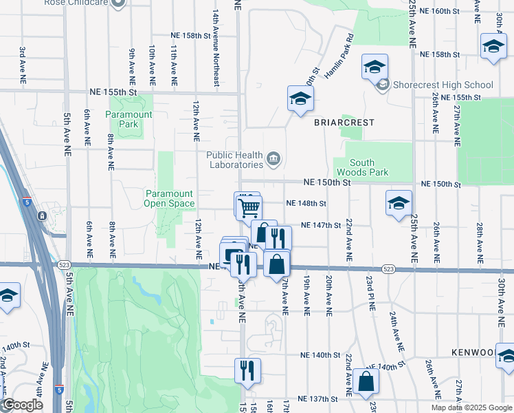 map of restaurants, bars, coffee shops, grocery stores, and more near 1528 Northeast 147th Street in Shoreline