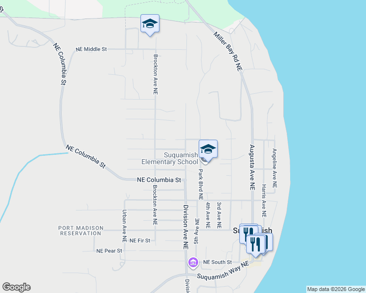 map of restaurants, bars, coffee shops, grocery stores, and more near 6750 Northeast Maple Street in Suquamish
