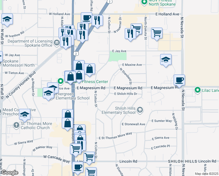 map of restaurants, bars, coffee shops, grocery stores, and more near North Hill N Dale Street in Spokane