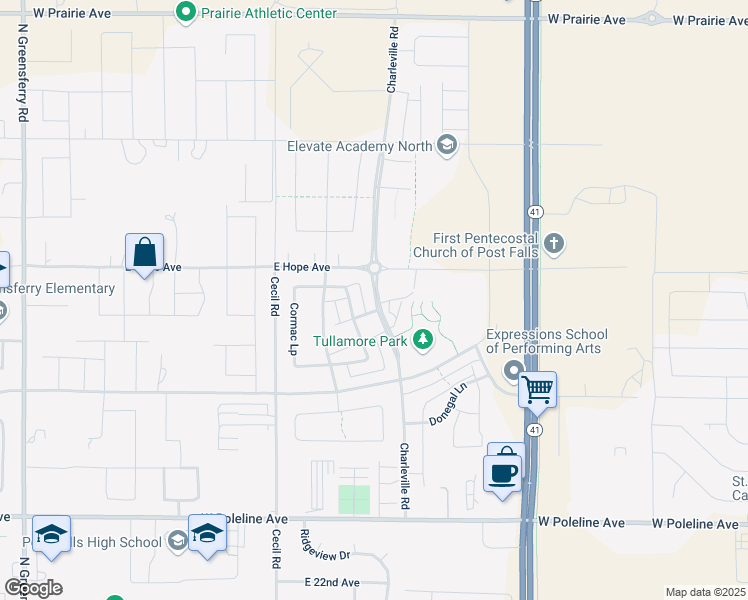 map of restaurants, bars, coffee shops, grocery stores, and more near Donegal Avenue in Post Falls