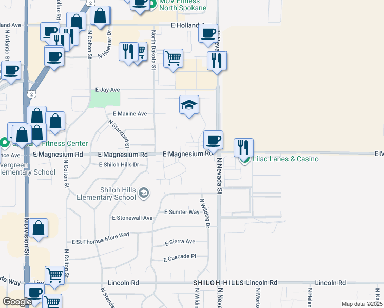 map of restaurants, bars, coffee shops, grocery stores, and more near N Ella Road in Spokane