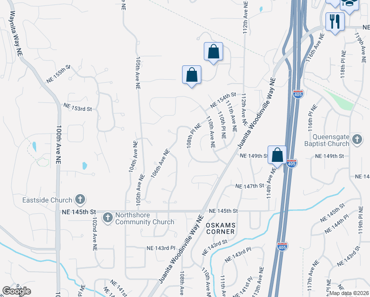 map of restaurants, bars, coffee shops, grocery stores, and more near 14821 107th Avenue Northeast in Bothell