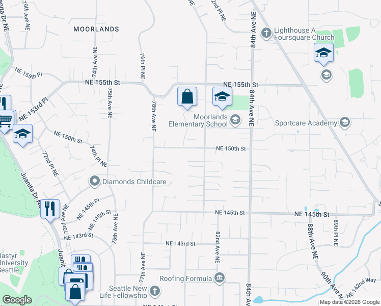 map of restaurants, bars, coffee shops, grocery stores, and more near 8026 Northeast 148th Lane in Kenmore