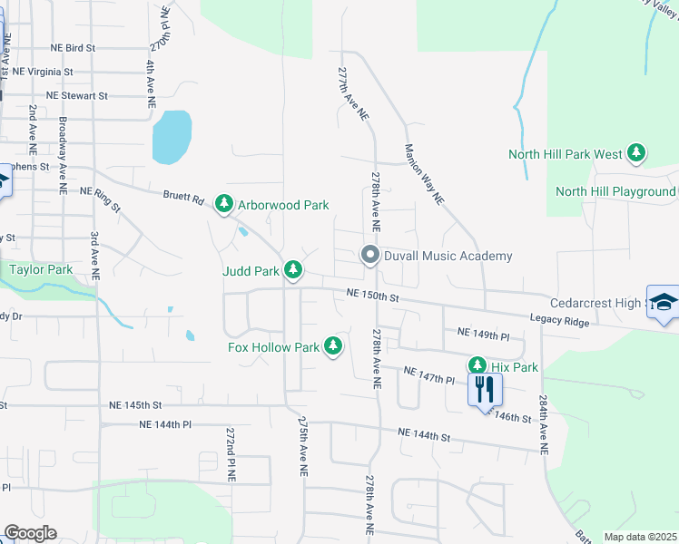 map of restaurants, bars, coffee shops, grocery stores, and more near 14933 276th Place Northeast in Duvall