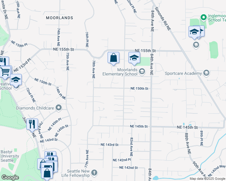 map of restaurants, bars, coffee shops, grocery stores, and more near 8005 Northeast 150th Street in Kenmore