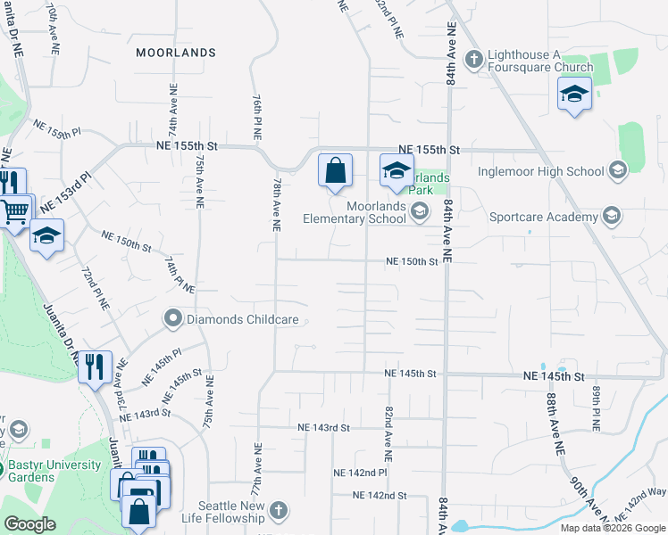 map of restaurants, bars, coffee shops, grocery stores, and more near 8005 Northeast 150th Street in Kenmore