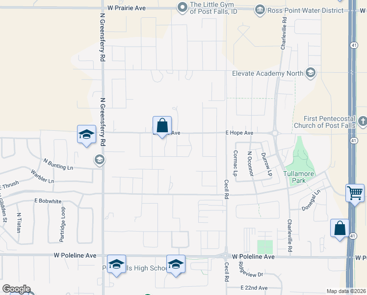 map of restaurants, bars, coffee shops, grocery stores, and more near 2840 East Bluegrass Lane in Post Falls