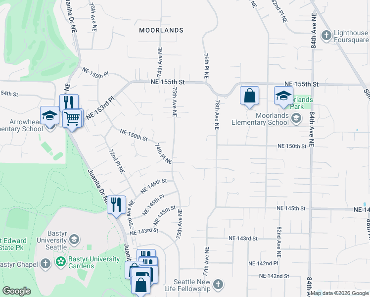 map of restaurants, bars, coffee shops, grocery stores, and more near 15014 75th Avenue Northeast in Kenmore