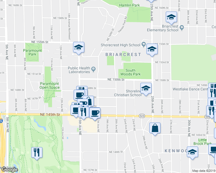 map of restaurants, bars, coffee shops, grocery stores, and more near 1739 Northeast 150th Street in Shoreline