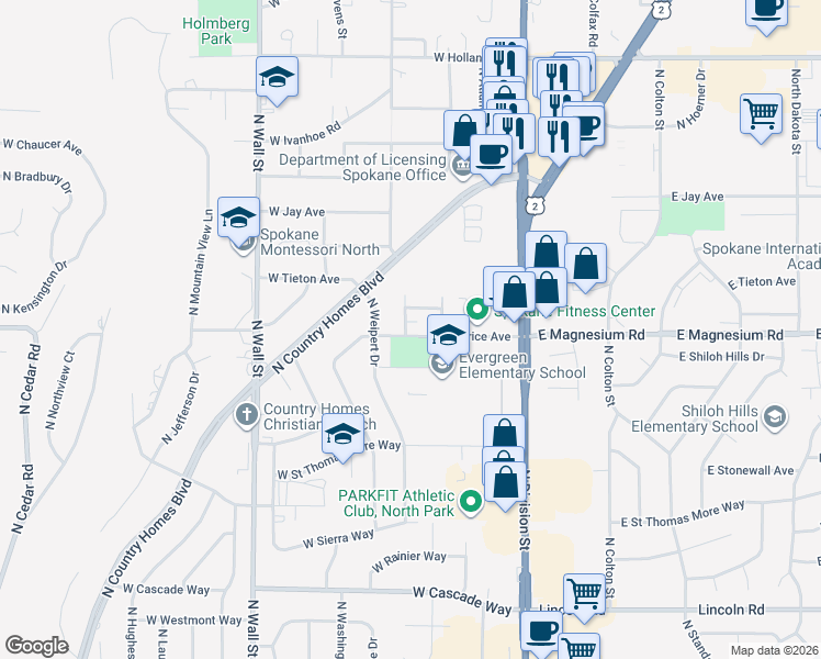 map of restaurants, bars, coffee shops, grocery stores, and more near 226 West Kedlin Court in Spokane