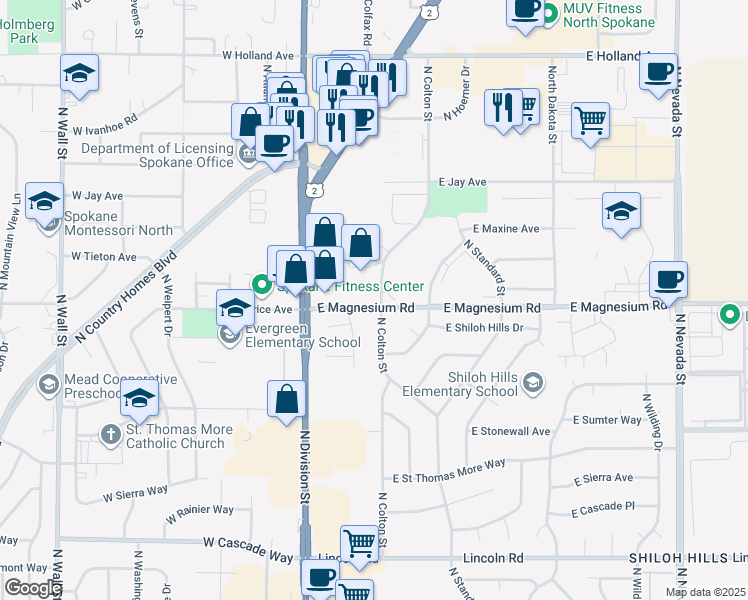 map of restaurants, bars, coffee shops, grocery stores, and more near 8705 North Colton Street in Spokane