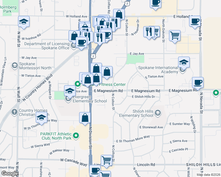 map of restaurants, bars, coffee shops, grocery stores, and more near 8732 North Colton Street in Spokane