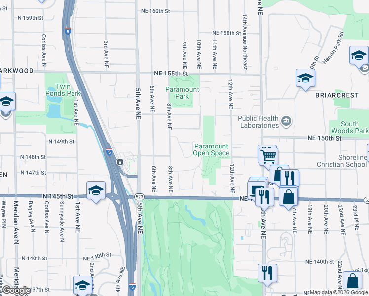 map of restaurants, bars, coffee shops, grocery stores, and more near 928 Northeast 150th Street in Shoreline