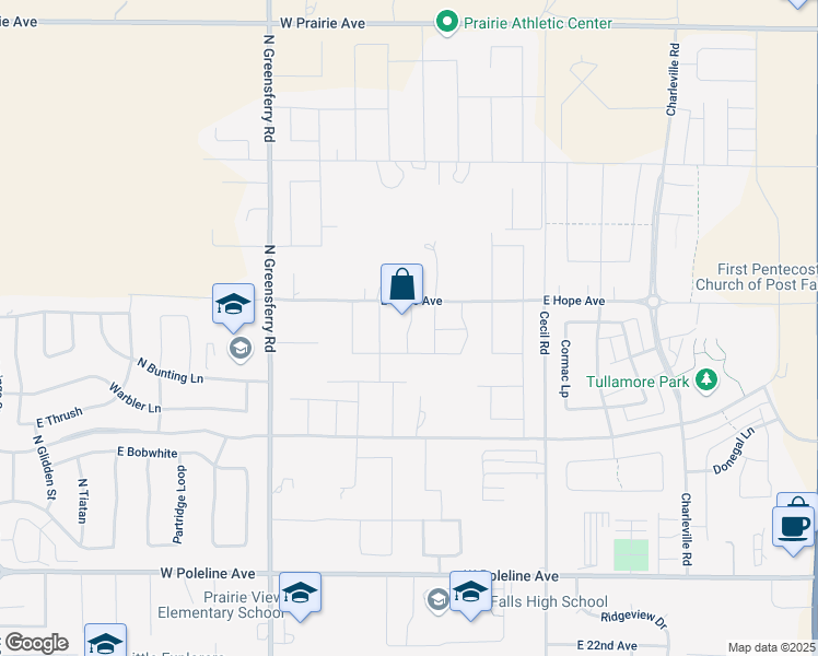 map of restaurants, bars, coffee shops, grocery stores, and more near 2838 East Bluegrass Lane in Post Falls