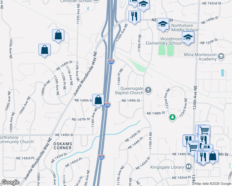 map of restaurants, bars, coffee shops, grocery stores, and more near 15015 116th Place Northeast in Bothell