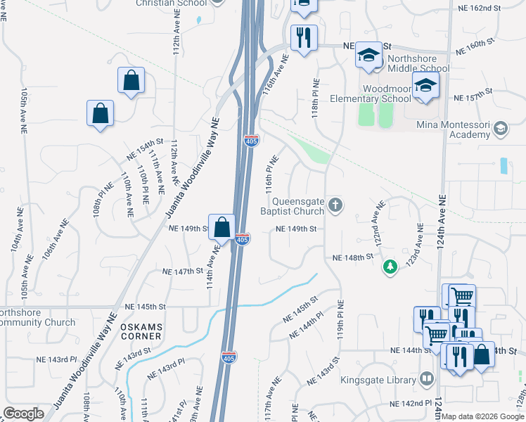 map of restaurants, bars, coffee shops, grocery stores, and more near 15015 116th Place Northeast in Bothell