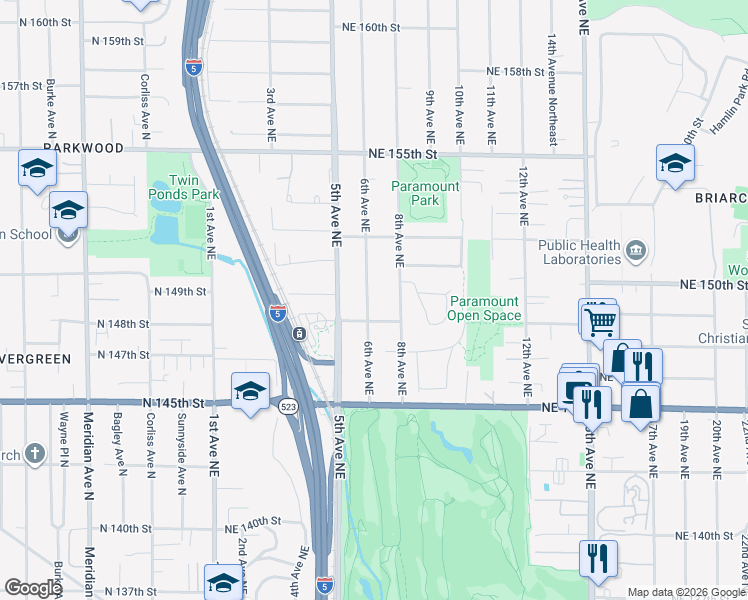 map of restaurants, bars, coffee shops, grocery stores, and more near 14830 6th Avenue Northeast in Shoreline