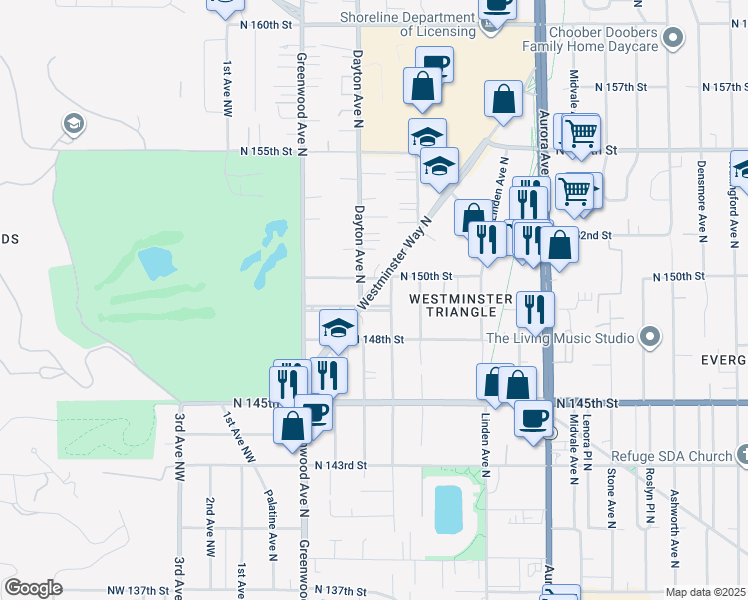 map of restaurants, bars, coffee shops, grocery stores, and more near 500 North 149th Street in Shoreline