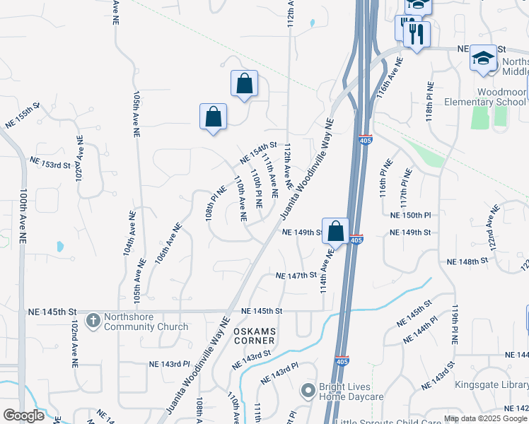 map of restaurants, bars, coffee shops, grocery stores, and more near 15106 110th Place Northeast in Bothell