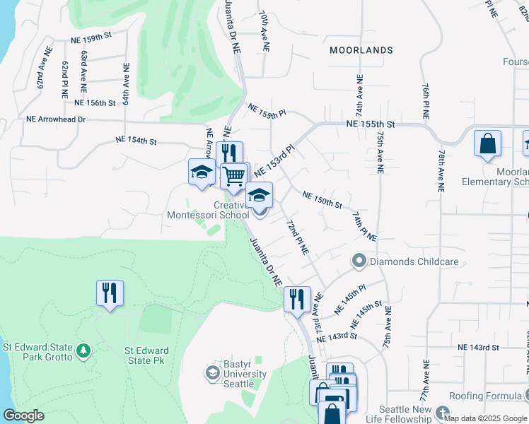 map of restaurants, bars, coffee shops, grocery stores, and more near 7109 Northeast 149th Court in Kenmore