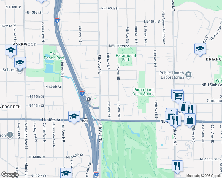 map of restaurants, bars, coffee shops, grocery stores, and more near 14830 6th Avenue Northeast in Shoreline