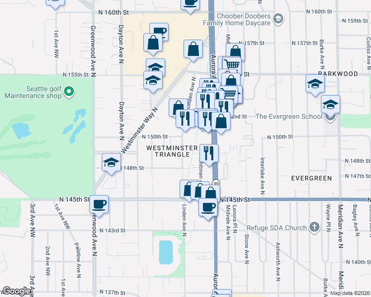 map of restaurants, bars, coffee shops, grocery stores, and more near 14926 Linden Avenue North in Shoreline