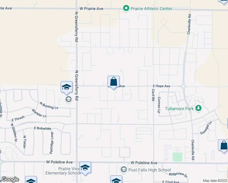 map of restaurants, bars, coffee shops, grocery stores, and more near 2838 East Bluegrass Lane in Post Falls