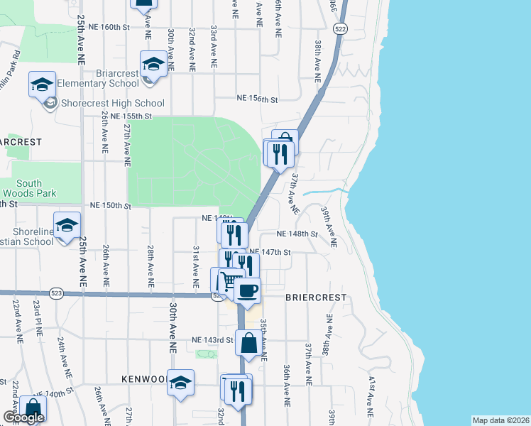 map of restaurants, bars, coffee shops, grocery stores, and more near 14820 Bothell Way Northeast in Seattle