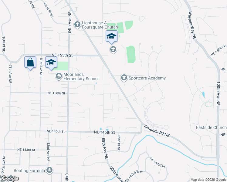 map of restaurants, bars, coffee shops, grocery stores, and more near 8830 Northeast 150th Street in Kenmore