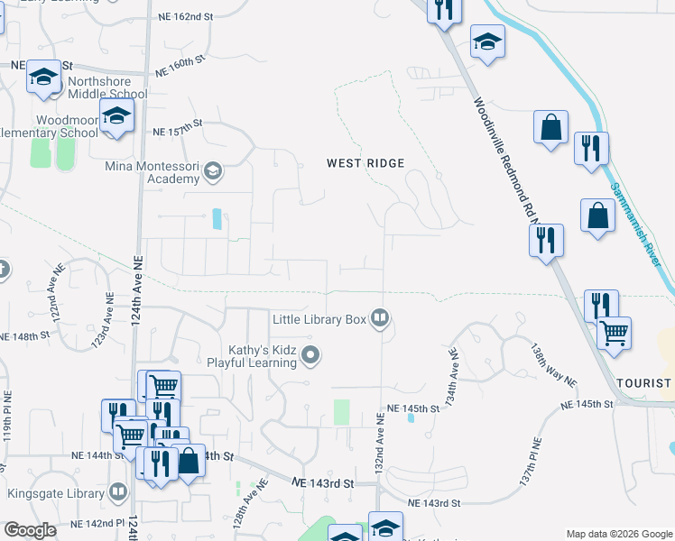 map of restaurants, bars, coffee shops, grocery stores, and more near 15020 130th Avenue Northeast in Woodinville