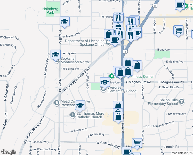map of restaurants, bars, coffee shops, grocery stores, and more near 226 West Kedlin Court in Spokane