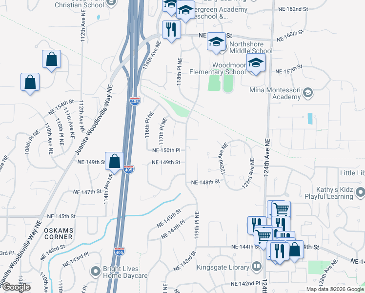 map of restaurants, bars, coffee shops, grocery stores, and more near 15015 119th Avenue Northeast in Kirkland
