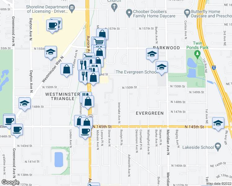 map of restaurants, bars, coffee shops, grocery stores, and more near 15110 Stone Lane North in Shoreline
