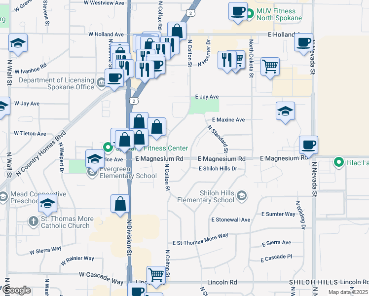 map of restaurants, bars, coffee shops, grocery stores, and more near 8727 North Hill N Dale Street in Spokane