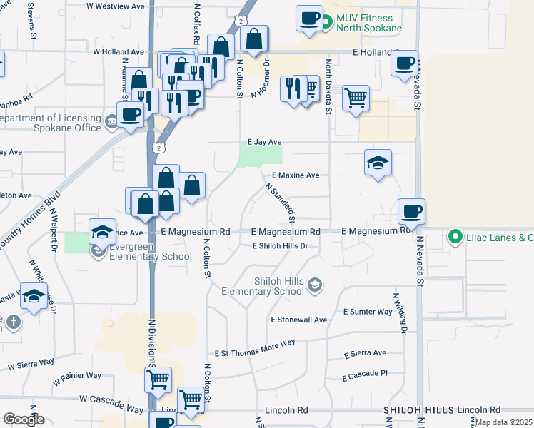 map of restaurants, bars, coffee shops, grocery stores, and more near 4 North Hill N Dale Street in Spokane