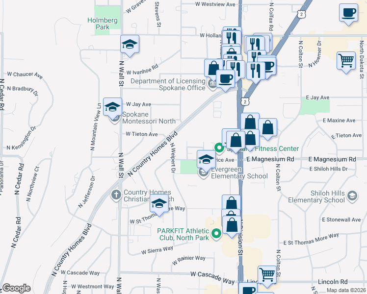 map of restaurants, bars, coffee shops, grocery stores, and more near 8812 North Weipert Drive in Spokane