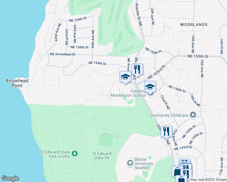 map of restaurants, bars, coffee shops, grocery stores, and more near 6625 Northeast 151st Street in Kenmore