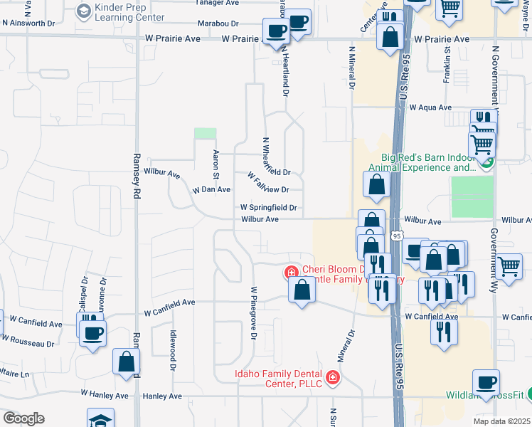 map of restaurants, bars, coffee shops, grocery stores, and more near 1052 West Springfield Drive in Coeur d'Alene