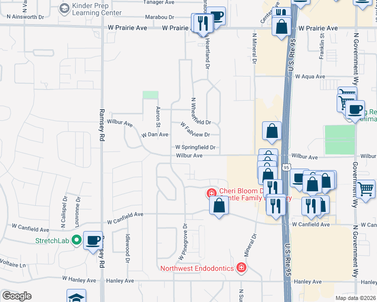 map of restaurants, bars, coffee shops, grocery stores, and more near 1052 West Springfield Drive in Coeur d'Alene