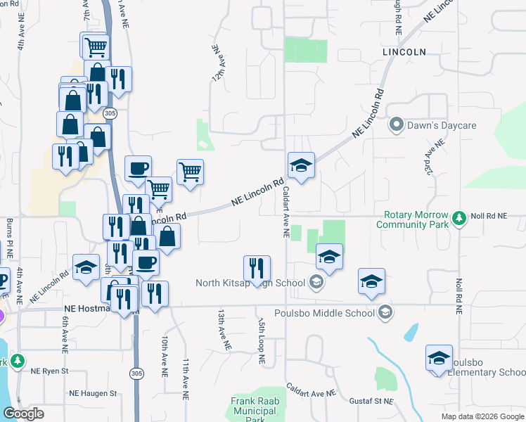 map of restaurants, bars, coffee shops, grocery stores, and more near 1500 NE Mesford Rd in Poulsbo
