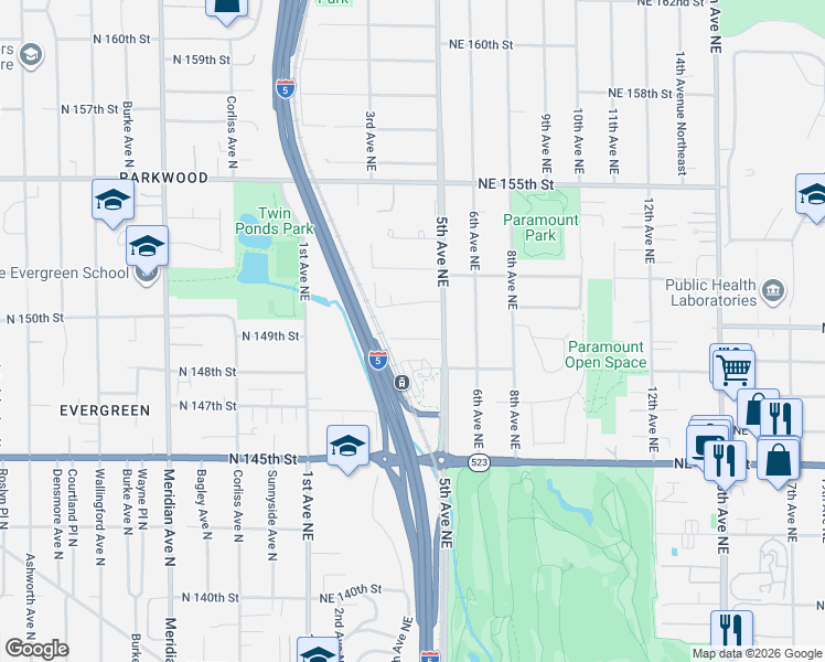 map of restaurants, bars, coffee shops, grocery stores, and more near 332 Northeast 149th Street in Shoreline
