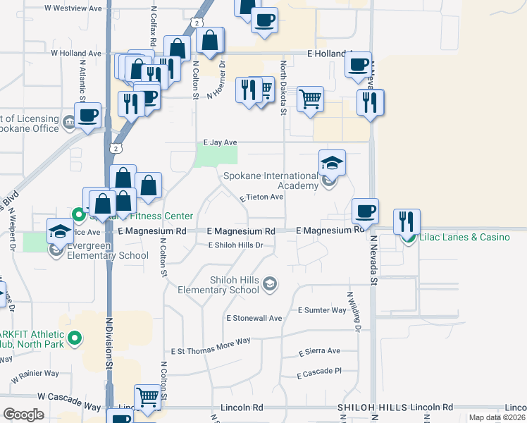 map of restaurants, bars, coffee shops, grocery stores, and more near 517 East Kedlin Avenue in Spokane