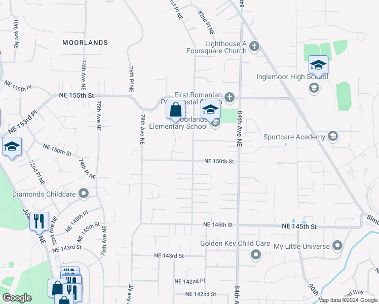 map of restaurants, bars, coffee shops, grocery stores, and more near 8030 Northeast 151st Court in Kenmore