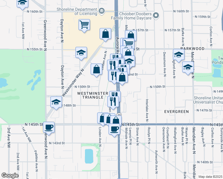map of restaurants, bars, coffee shops, grocery stores, and more near 14927 Aurora Avenue North in Shoreline