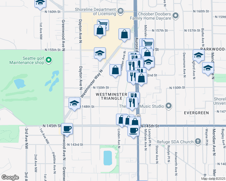 map of restaurants, bars, coffee shops, grocery stores, and more near 809 North 150th Street in Shoreline