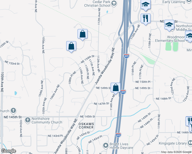 map of restaurants, bars, coffee shops, grocery stores, and more near 15108 111th Avenue Northeast in Bothell