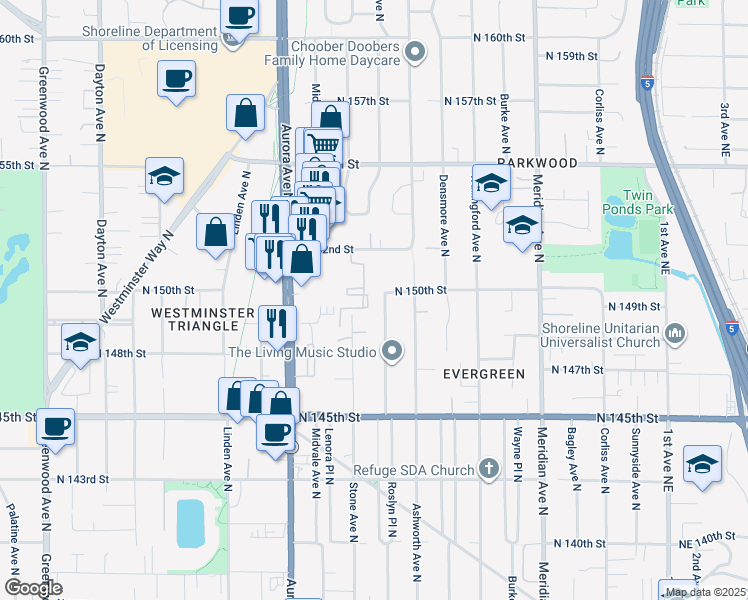 map of restaurants, bars, coffee shops, grocery stores, and more near 15110 Stone Lane North in Shoreline