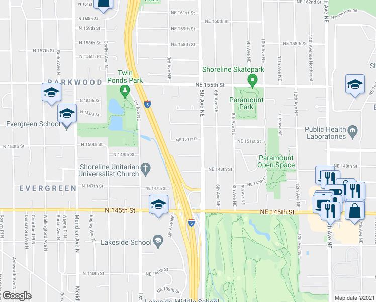 map of restaurants, bars, coffee shops, grocery stores, and more near 332 Northeast 149th Street in Shoreline