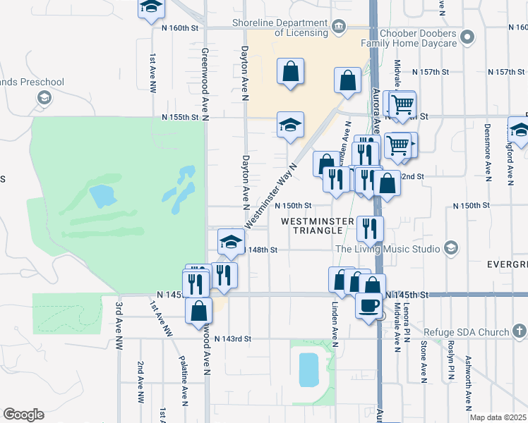 map of restaurants, bars, coffee shops, grocery stores, and more near 14920 Westminster Way North in Shoreline