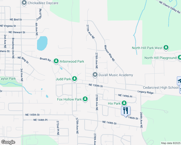 map of restaurants, bars, coffee shops, grocery stores, and more near 15130 276th Place Northeast in Duvall